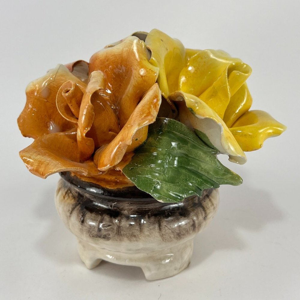 Vintage Capodimonte Rose Flowers Bouquet Urn Vase Porcelain Italy Figurine